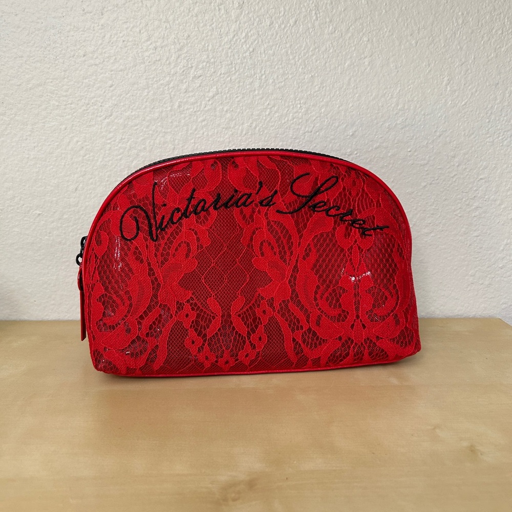 Victoria's Secret Red Lace Makeup Pouch with Script Logo